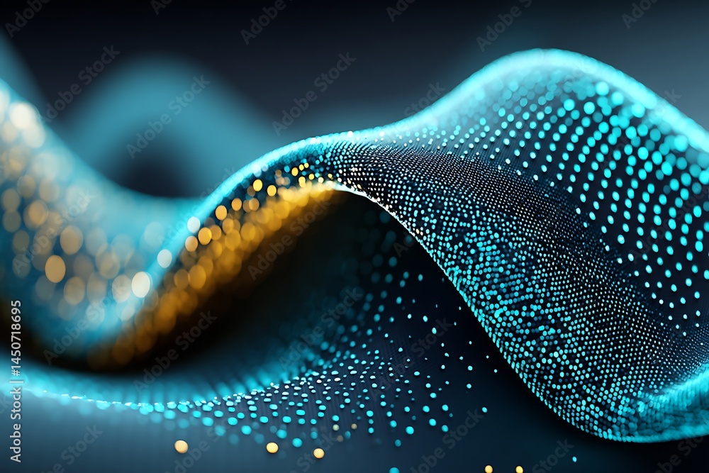 Poster wavy mesh of cyan and gold dots on dark backdrop. abstract flowing shape