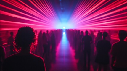 Spectacular crowd bathed in luminous neon light art installation at dusk