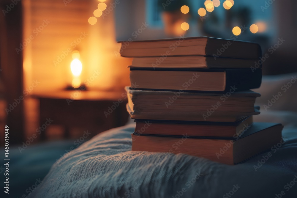 Poster stack of books sits on a bed, illuminated by a warm light source, creating a cozy and inviting atmos