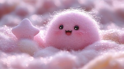 Happy pink fluffy creature among stars