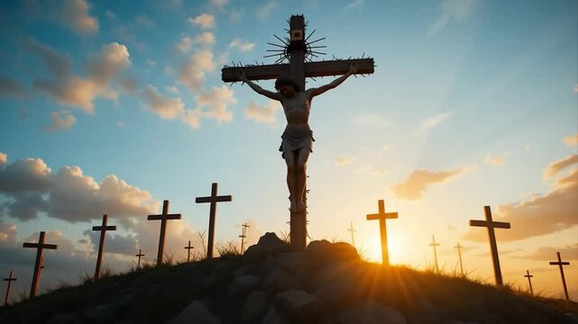 Silhouette figure on large cross dramatic sunrise religious landscape silhouetted crosses religious symbolism faith sacrifice christianity crucifixion