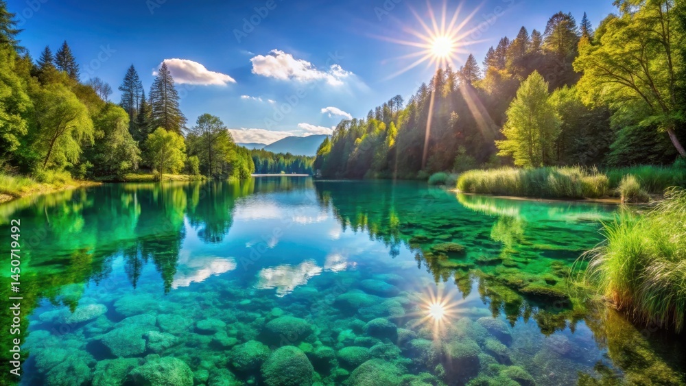 Poster a serene river reflecting a bright sun and lush greenery in a tranquil forest setting