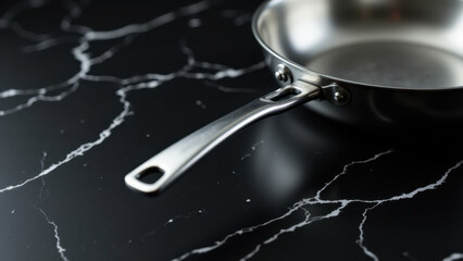 A shiny frying pan on a marble countertop.