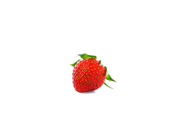 Fresh ripe strawberry with green leaves isolated on white background. Vibrant red fruit with a clean minimal style. Concept of healthy eating, summer, vitamins, organic food and freshness.

