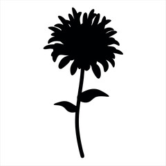 Black silhouette of a Chrysanthemum with a stem and two leaves