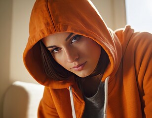 Young woman with a poised expression, wearing an orange hoodie and gray t-shirt, looking thoughtful indoors.