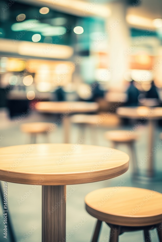 Poster serene cafe interior with round wooden tables and stools creating a warm inviting atmosphere perfect