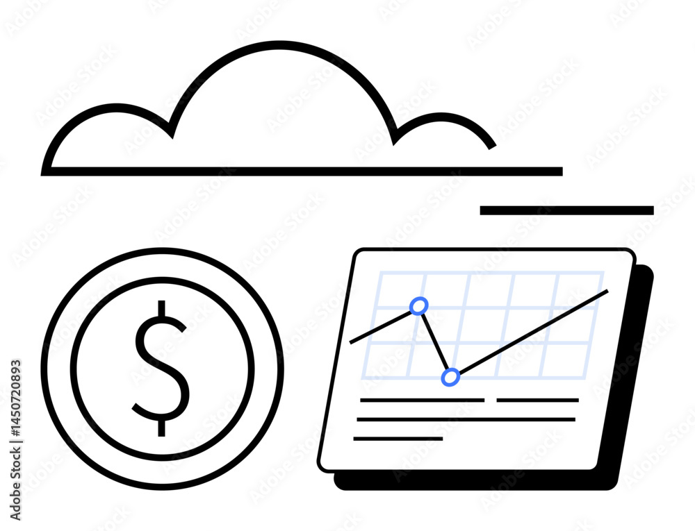 Aufkleber cloud computing icon above a graph showing growth trend and dollar sign symbolizing financial data. 