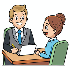 Cartoon businessman and businesswoman in a meeting with laptop vector illustration