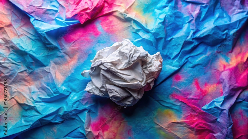 Poster a crumpled white paper ball sits on a bed of vibrantly colored crinkled paper, creating a vibrant ab
