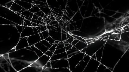 Intricate spiderweb glistening in the dark.  A mesmerizing display of nature's artistry.