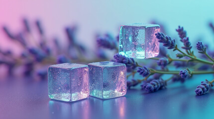 Illustration of ice cubes and lavender flowers in pink and blue hues, creating a soft, dreamy aesthetic.