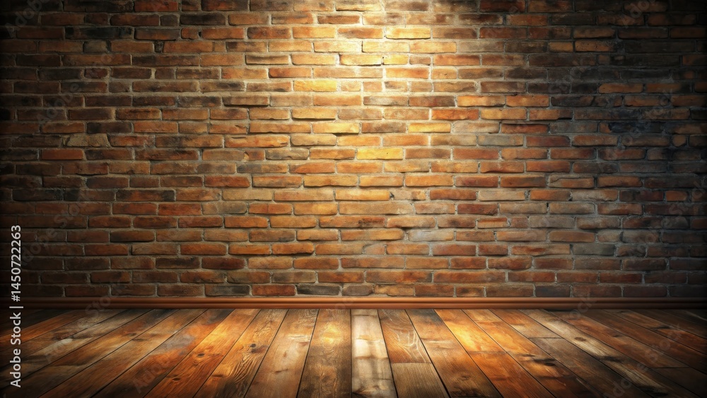 Aufkleber a rustic brick wall background with a wooden floor and a soft light shining from above