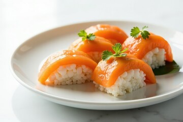 Elegant sushi arrangement on white background, rice, backdrop, fresh