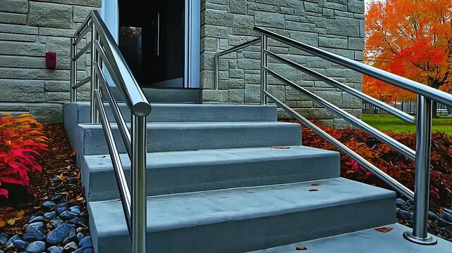 Modern stainless steel railing on concrete steps, autumnal landscaping