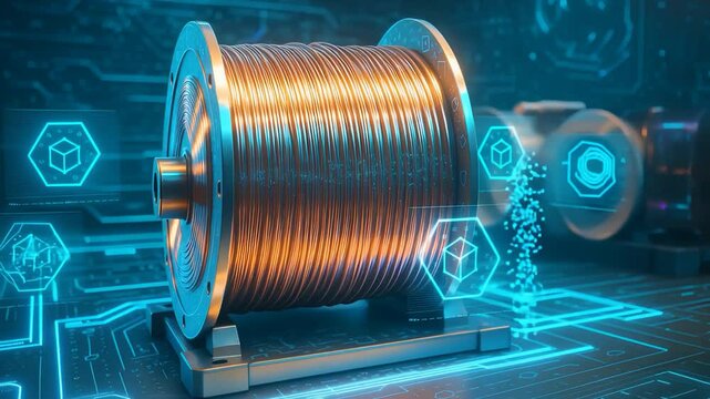 Futuristic Copper Wire Reel with Digital Industrial Interface Representing Smart Manufacturing and Cable Technology