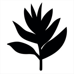 Bold black silhouette of a botanical plant with leaves and stem on white