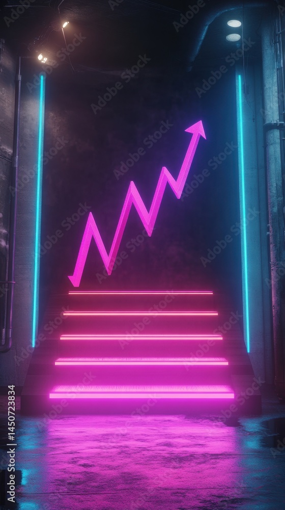 Poster ascending arrow on neon lit steps in a dark industrial setting symbolizing progress and growth with 