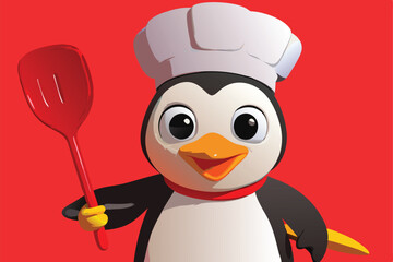 Fototapeta premium Cartoon penguin chef holding spatula on red background cheerful culinary illustration