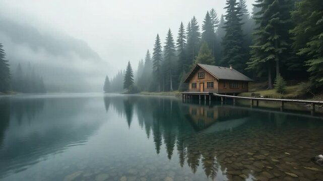 Peaceful misty lake cabin reflection landscape image with calm atmosphere