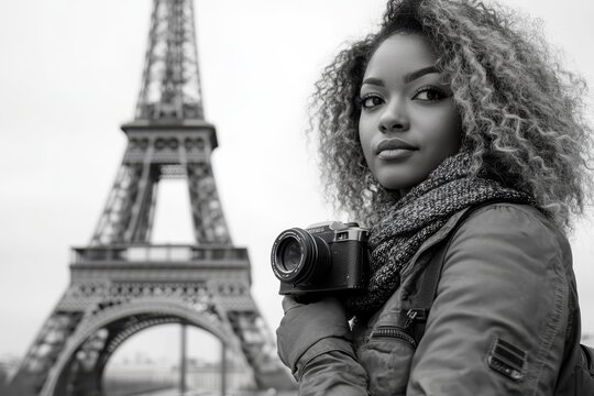 Woman poses confidently in front of Eiffel Tower while holding a camera on a cloudy day in Paris, Woman Posing in Front of the Eiffel Tower