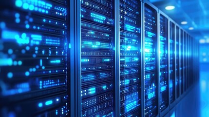 3D rendering of a glowing blue server room with futuristic lighting and rows of server racks for cloud data center visuals and tech industry use