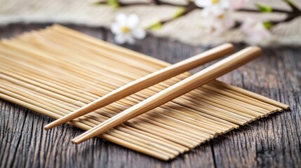Elegant bamboo chopsticks resting on a traditional sushi mat with delicate cherry blossoms creating a serene and inviting atmosphere for a culinary journey
