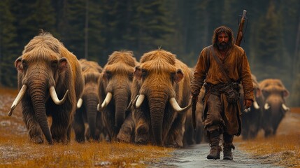 A rugged hunter leads a herd of woolly mammoths on a dusty path through dense forest at twilight