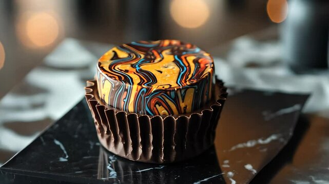 Closeup of artistic chocolate cupcake on marble table with bokeh lights