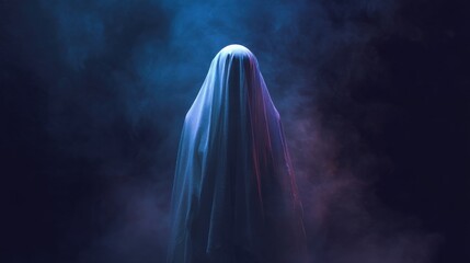 Mysterious figure shrouded in a flowing cloth, bathed in ethereal blue and purple light. An enigmatic and haunting image.