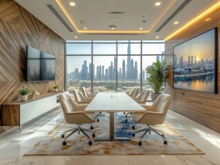 Modern Dubai office meeting room with city view
