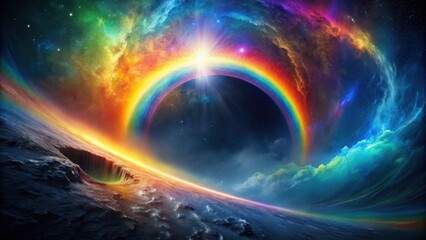 Obraz premium A Cosmic Rainbow Arcs Over a Celestial Horizon with a Glowing Sun and a Starry Night Sky