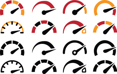 Speedometer, tachometer icon. Speed indicator sign. Internet car speed. Performance concept. Speedometer set. Fast speed sign. Flat simple icon - stock vector.