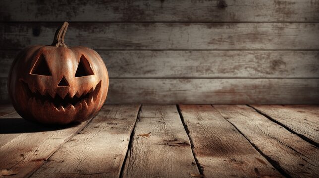 A spooky carved pumpkin sits on a rustic wooden surface, creating a Halloween atmosphere.
