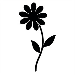 Simple Black Flower Silhouette with Stem and Leaves on White Background