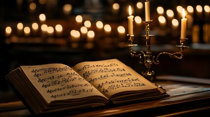 Atmospheric ambiance: An open music book with candlelight illumination