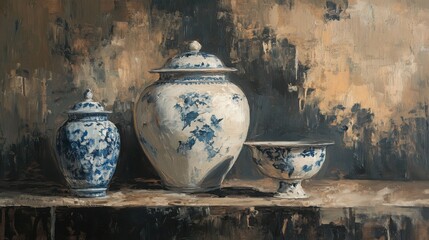 Oil painting of a still life of a ginger jar a vase and footed bowl, in blue and white porcelain, visible brush marks and canvas texture, moody tones.