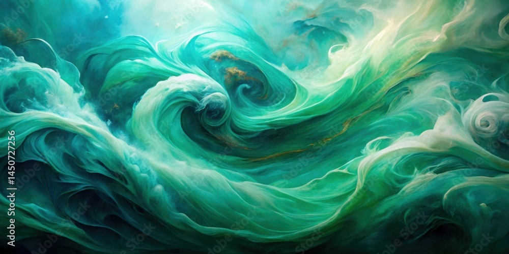 Poster abstract swirling green and white hues captured in a fluid dance of color and movement