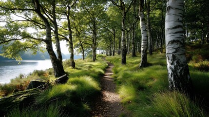 Fototapeta premium Forest path beside a serene lake