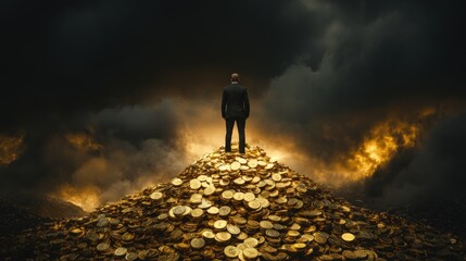 Fototapeta premium Businessman standing on mountain of gold coins