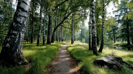 Fototapeta premium Forest path flanked by birch trees