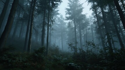 Obraz premium Mysterious fog hangs heavy in this dark, enchanting forest, creating an ethereal atmosphere. The tall trees stand tall and majestic, their silhouettes barely visible through the mist.