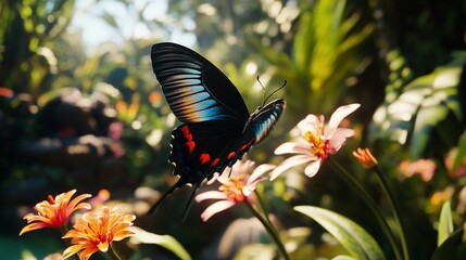 Fototapeta premium Colorful butterfly gracefully flying amidst a lush tropical flower garden