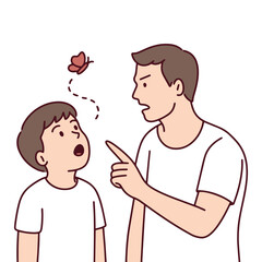 Father tries to talk seriously to son with ADHD but boy loses focus and stares at butterfly