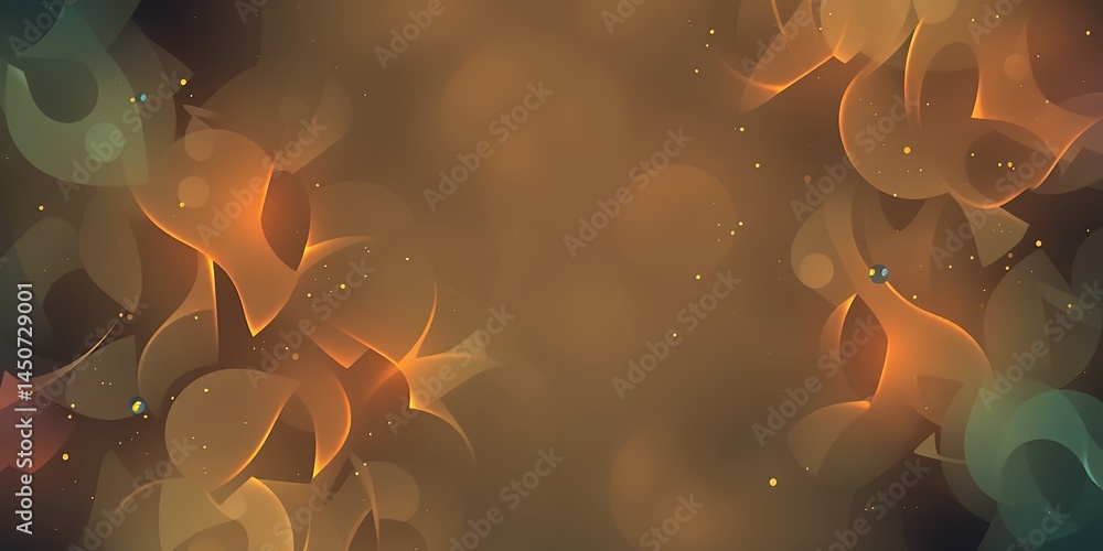 Poster abstract background with floating shapes and bokeh effect in warm orange and green tones