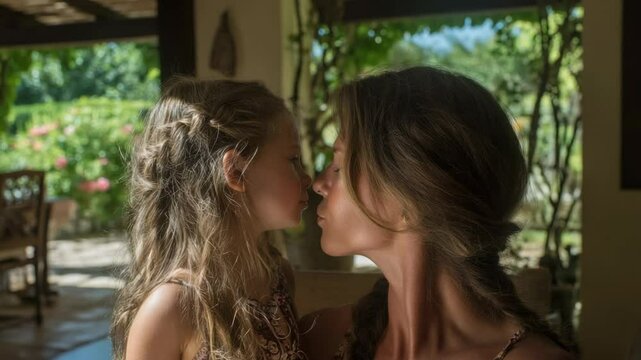 Mother and young daughter touching noses face to face in close up portrait on outdoor patio with garden background