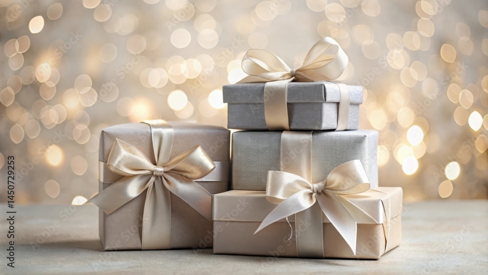 Poster a stack of elegantly wrapped gifts adorned with delicate satin ribbons and bows, set against a spark