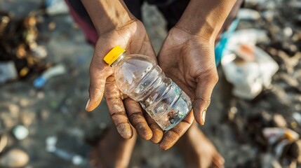 Hopeful grasp: Child's hands present a plastic bottle amid pollution awareness