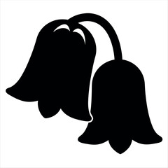 A simple black silhouette drawing of two bell shaped flower blossoms