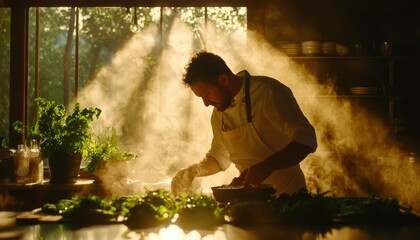 Fototapeta premium Chef preparing food in a rustic kitchen